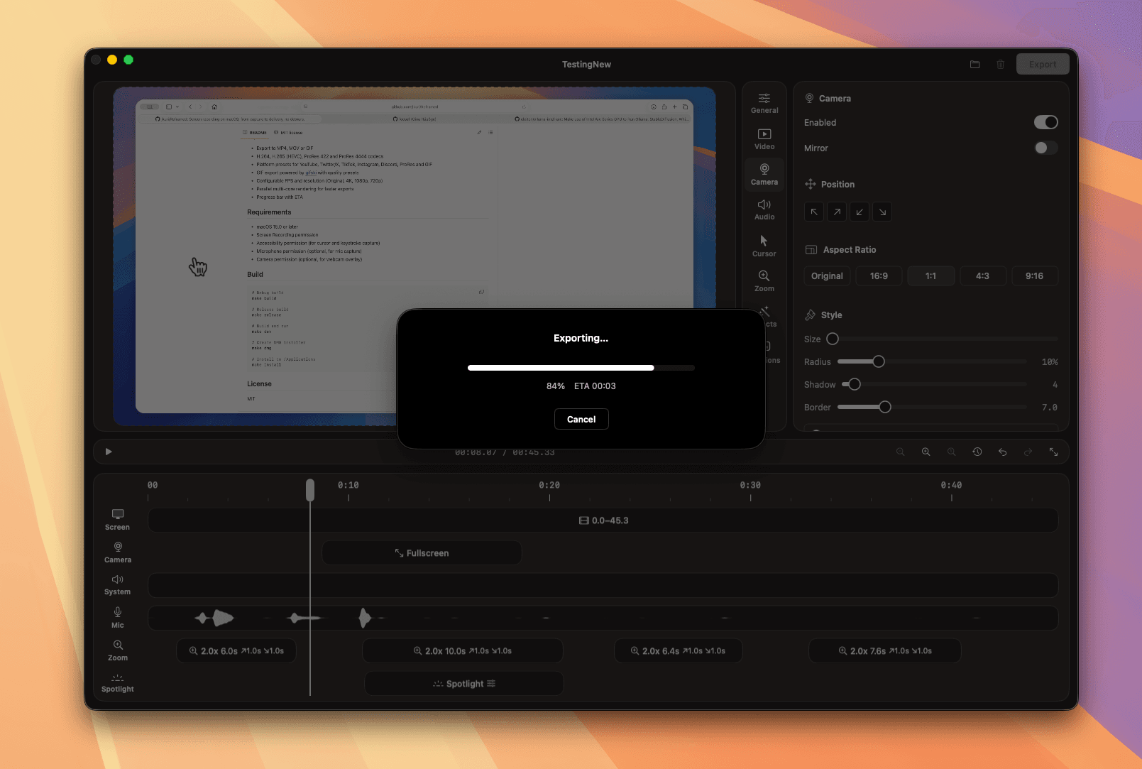 Exporting Video — Dark Mode
