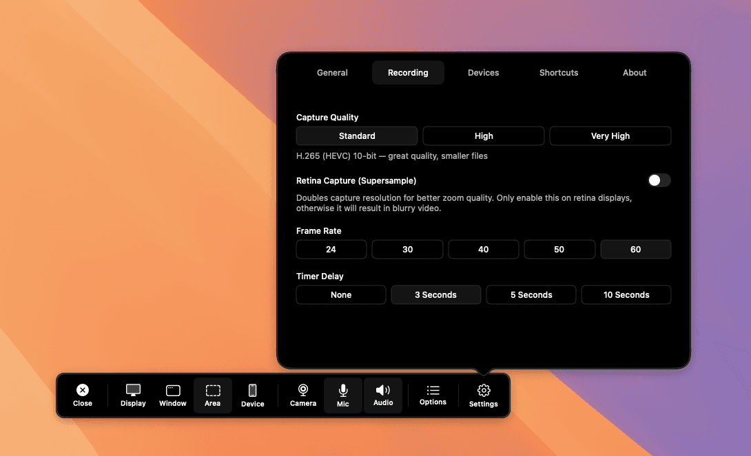 Settings Recording — Dark Mode