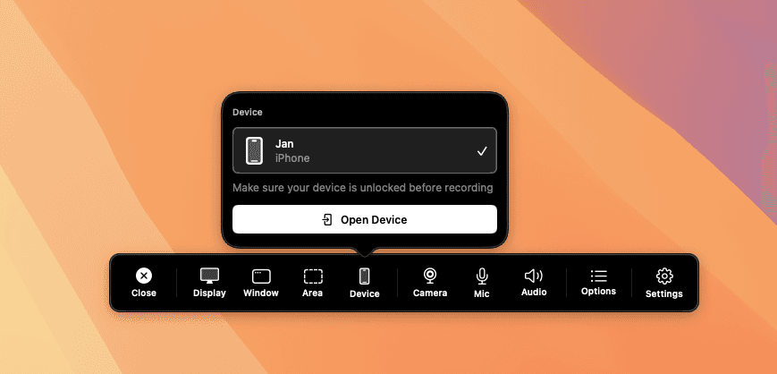 Toolbar Device Picker — Dark Mode